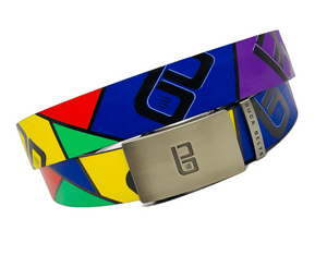 Buca Belts Logo golf belt from Buca Belts, offering a vibrant and unique design. A perfect gift for golfers or those looking to add a stylish touch to their gear. Features a convenient ratchet buckle for easy adjustment.