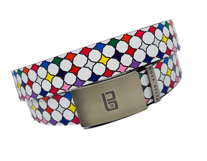 The Diamonds in the Rough golf belt from Buca Belts.  A white belt with colorful diamond pattern