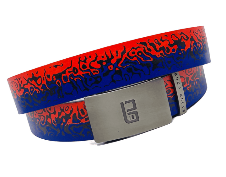 The Fire and Ice belt from Buca Belts.  A bold red and blue golf belt that really stands out from the crowd.