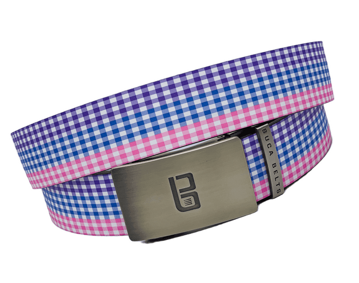 The Gingham belt is a golf belt with purple, pink and blue gingham pattern across the belt.