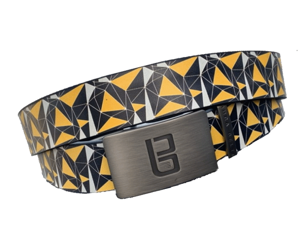 Goldfinch golf belt from Buca Belts, offering a vibrant and unique design. A perfect gift for golfers or those looking to add a stylish touch to their gear. Features a convenient ratchet buckle for easy adjustment.