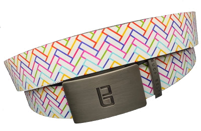 Herringbone golf belt from Buca Belts, offering a vibrant and unique design. A perfect gift for golfers or those looking to add a stylish touch to their gear. Features a convenient ratchet buckle for easy adjustment.