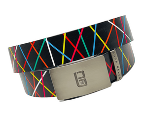 Vertex golf belt from Buca Belts, offering a vibrant and unique design. A perfect gift for golfers or those looking to add a stylish touch to their gear. Features a convenient ratchet buckle for easy adjustment.