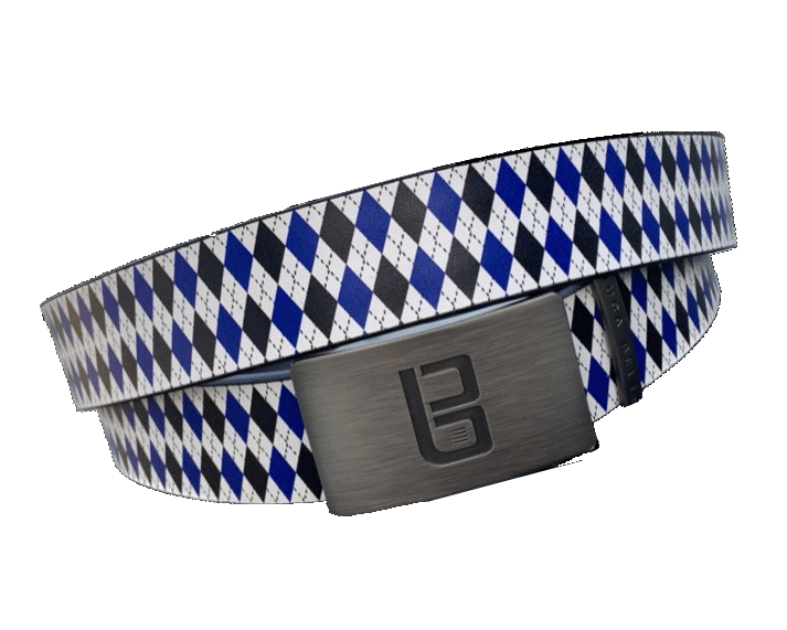 Midnight Blue designed golf belt from Buca Belts.  White golf belt with blue and black diamonds