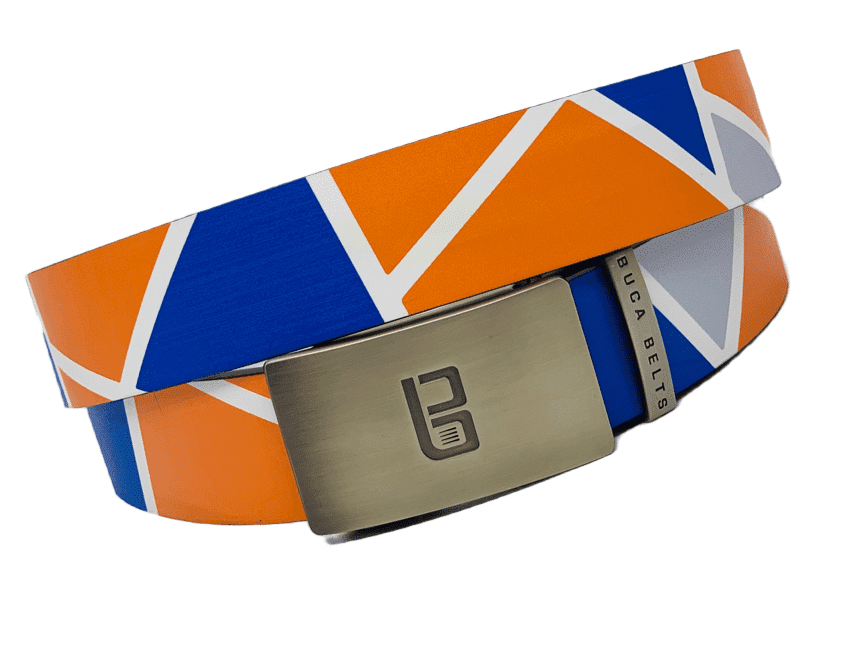 A brightly colored golf belt with bright blue and orange pattern balanced with a little grey and white.   