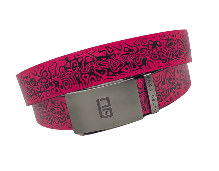 a bold pink and black colored golf belt.  Adjstable belt to fit any size up to 48" waist.