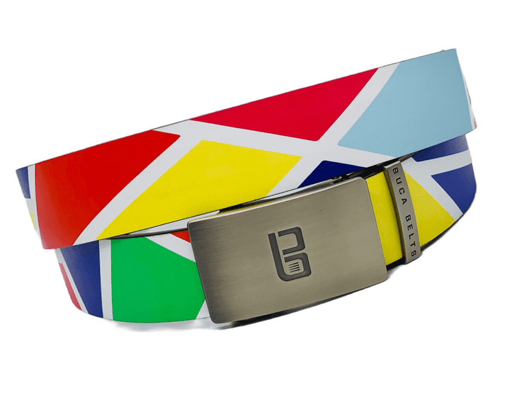 The Original Buca Belt.  Colorful golf belt with white lines and bright colors on an adjustable golf belt.